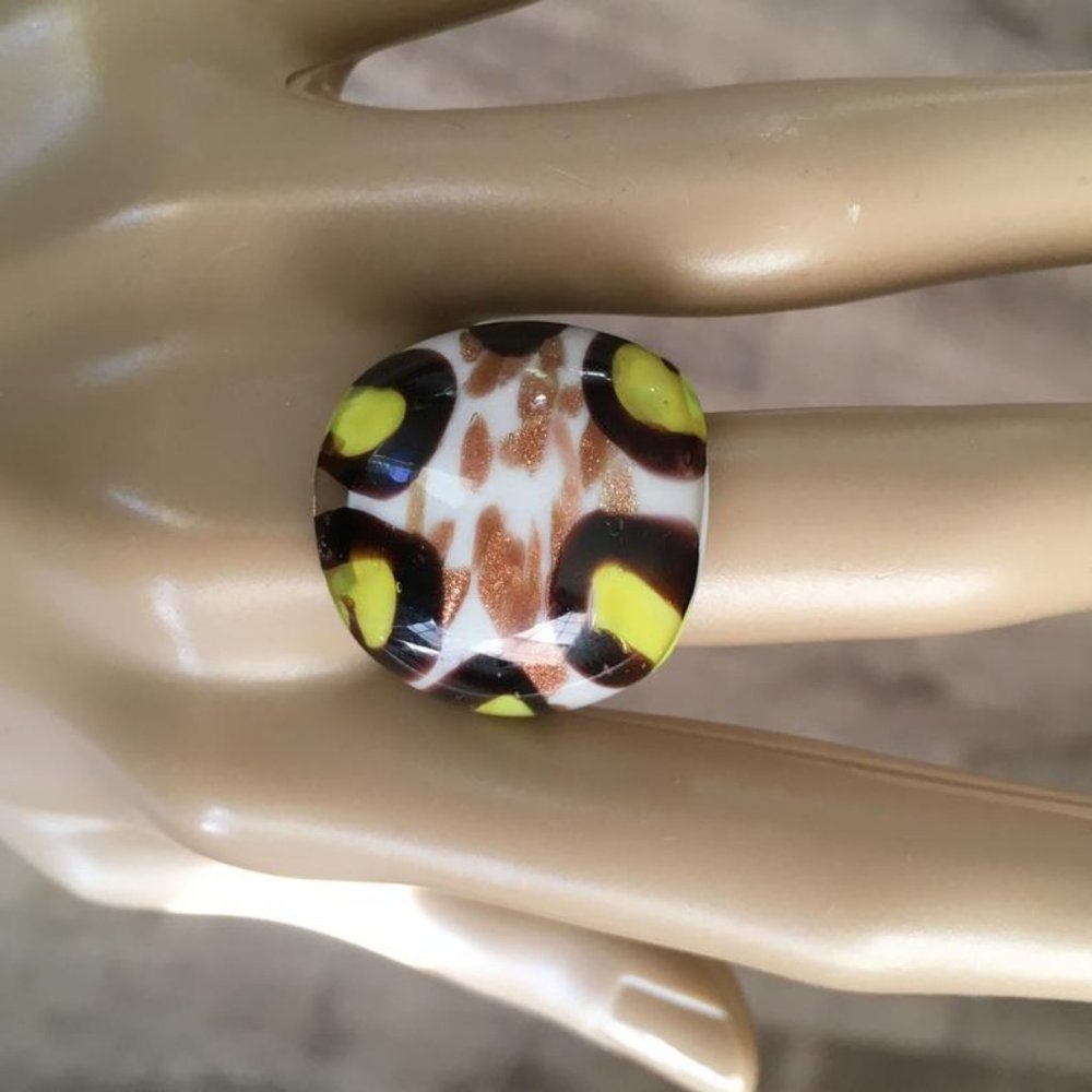 Chunky Glass Statement Ring  Brown Yellow Bronze